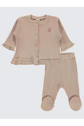 Civil Baby Kol Ve Bel Fırfırlı Nakışlı Pijama Takımı - Pudra3-6 Ay