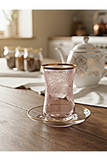 DECOSTYLE PANTOĞRAF Paşabahçe pembe lüsterli cam Tabaklı 12 Parça Çay seti 165 cc