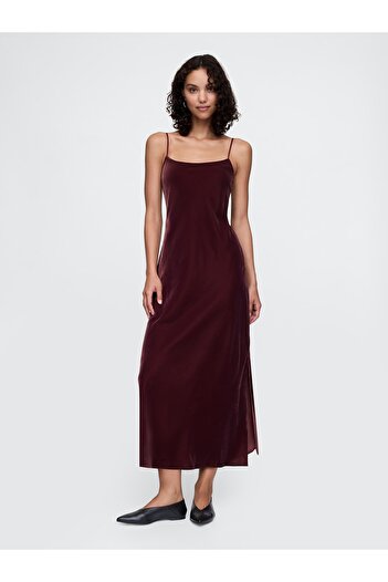 GAP Kadın Bordo Kadife Maxi Slip Elbise