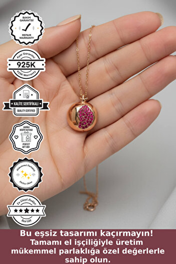 Jewelmim Gümüş Nar Kolye 18 Ayar Rose Altın Kaplama Bolluk ve Bereket Sembolü 925 Ayar Kadın Nar Gümüş Kolye
