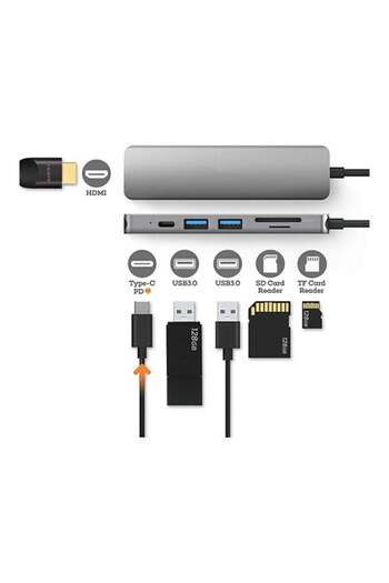fulina 6 In 1 USB-C HUB To 4K Video HDMI-compatible Adapter For Macbook Grey