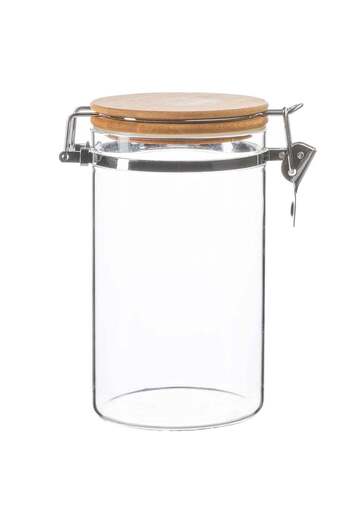 PUFO Recipient din sticlă borosilicată pentru zahăr, cafea, ceai sau condimente, cu capac ermetic cu clemă din bambus, 1 l
