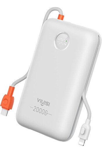 vıyısı Portable Power Bank 20000mAh 30W with Built-in Cables and LED Screen - White
