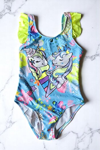 embody Girls' one-piece swimsuit, unicorn print, blue/yellow