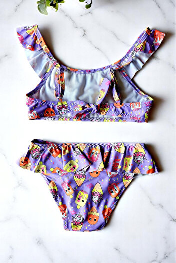 embody Girls' 2 piece swimsuit, ruffled, icecream print, purple