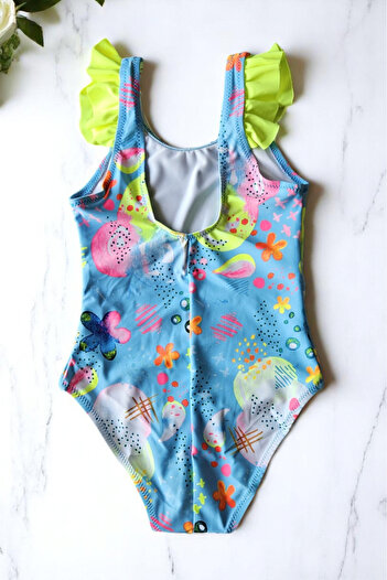 embody Girls' one-piece swimsuit, unicorn print, blue/yellow