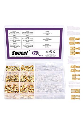 Swpeet 720 pcs 2.8/4.8/6.3 mm Male & Female Crimp Wire Connectors with PVC Insulation (Gold)