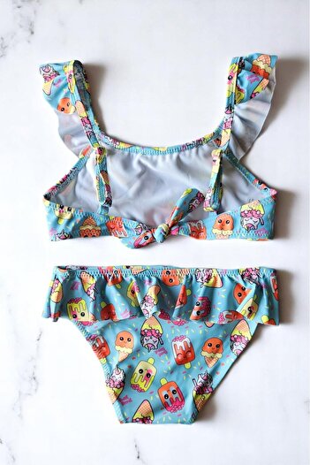 embody Girls' 2-piece swimsuit, ruffled, icecream print, blue