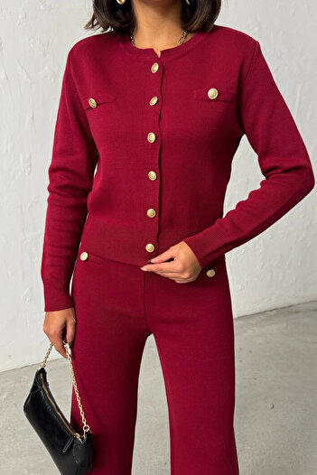 Lusin Women's Burgundy Cardigan Pants Top and Bottom Two-Piece Knitwear Set
