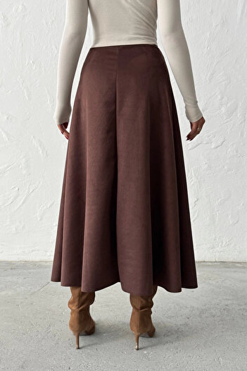 Lusin Women's Brown Midi Length Suede Skirt
