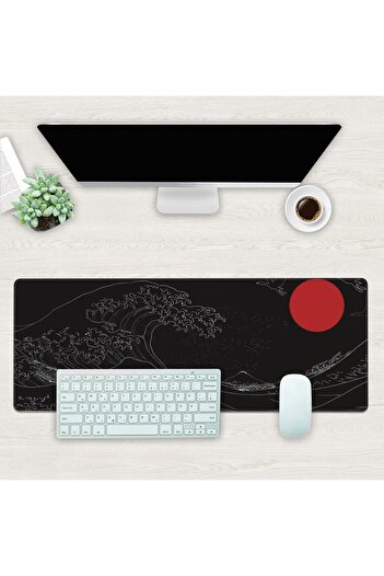 Other KOAIWPAE Large Gaming Mouse Pad - Japanese Black Wavy & Red Sun Pattern, XL 31.5×11.8 in, Non-slip