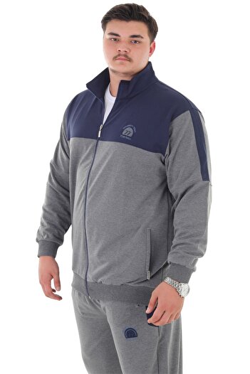marufshop Men's Plus Size Suitable for up to 154 Kilos Size 2 Thread Stand Collar Zipper Tracksuit Set
