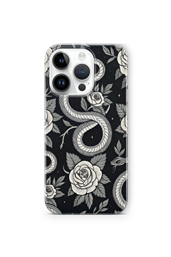 FLAMENKO iPhone 16 Pro Black Rose and Snake Pattern Transparent Phone Case