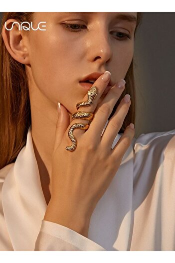 Unique Unisex Retro Exaggerated Snake Shape Copper Ring, Adjustable 2×8cm - Gold
