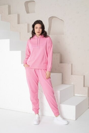 pamuklu - Women's Cotton Tracksuit, Hood and Drawstring, Pink, 4XL