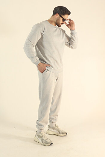 EydaMoon Men's Winter Fleece-Lined Tracksuit Set Sweatshirt Jogger - Gray Regular Elasticated Legs