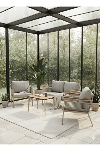 Mygusi Beta Serisi 40x70 Sehpalı Modern İp Örgü detaylı, Bahçe Mobilyası, Balkon Takımı - 211 Açık gri