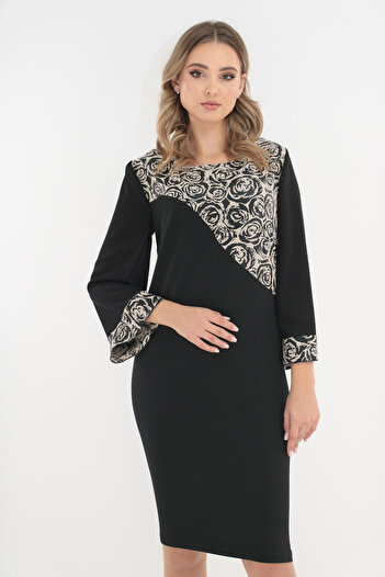 Vanessa Line RO Elegant black dress with ivory brocade inserts
