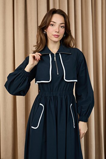 Soul Women's Piped Detail Elastic Waist Dress - 32417Elb - Navy Blue