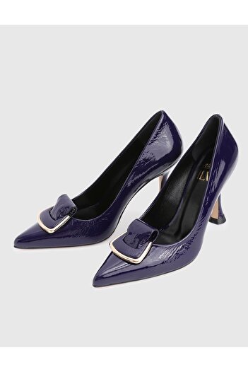 İLVİ Minda Genuine Wrinkled Patent Leather Navy Blue Women's Heeled Shoes