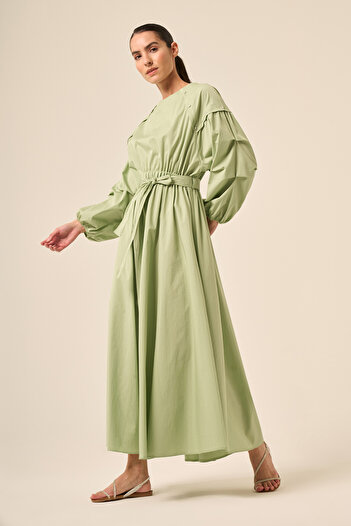 Ceremony Paper Touch Dress with Folded Sleeves, Drawstring Detail, Elastic Waist 5747 Apple Green