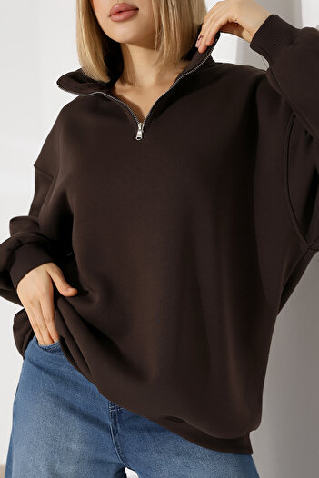 Endies Fleece-Lined Half Zipper Oversized Sweatshirt 21622 Brown