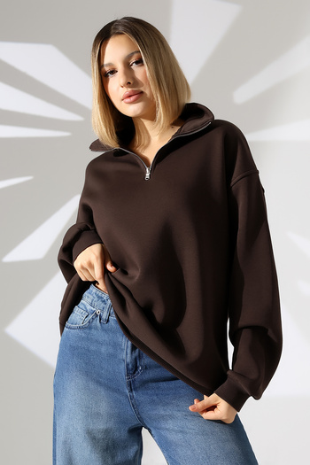Endies Fleece-Lined Half Zipper Oversized Sweatshirt 21622 Brown
