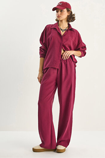 Bianco Lucci Γυναικείο Modal One Pocket oversized Πουκάμισο Ψηλόμεσο Φαρδύ Παντελόνι Σετ 210 60283673