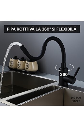 DigiMat Baterie bucătărie premium - pipă flexibilă din silicon la 360°, negru mat, monocomandă, 60 cm