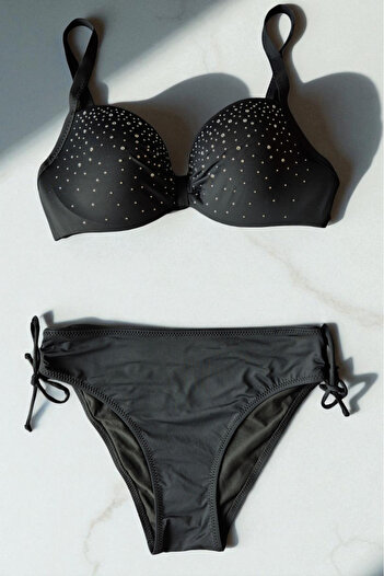 embody Ladies Two Piece Swimsuit Set with appliqué on bra, Diamond Black y9129