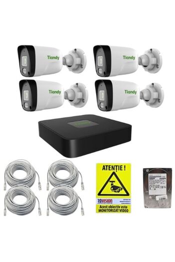 Tiandy Kit de supraveghere IP - 4 camere IR de 2MP cu microfon, NVR PoE de 5MP cu 4 canale, HDD de 500GB