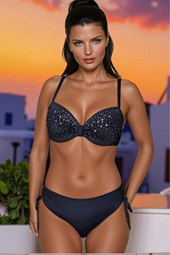 embody Ladies Two Piece Swimsuit Set with appliqué on bra, Diamond Black y9129