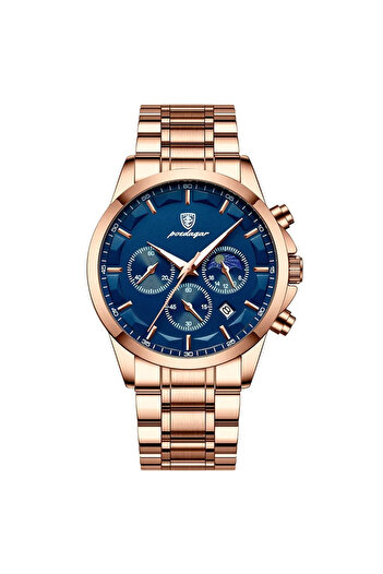 POEDAGAR Men's Watch Quartz Chronograph Analog Elegant Date Steel Gold Blue