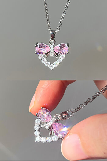 The Collection Pink Bow Zircon Stone Heart Steel Necklace Non Tarnish Silver Zircon Stone Steel Necklace