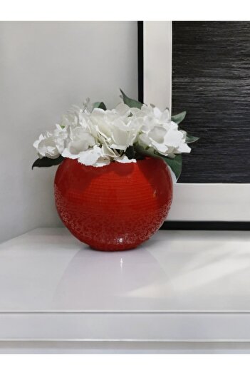 IŞILTI HOME DESIGN Glass Vase with Mirror Round Medium Size Red