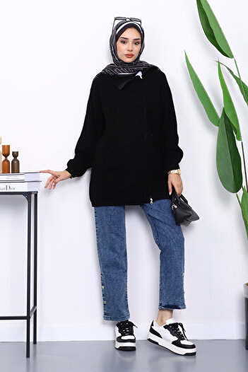 İmajButik Black Thessaloniki Braided Zippered Knitwear Cardigan