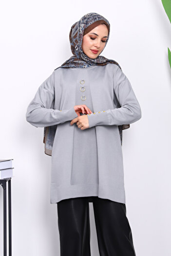 İmajButik Gri Ön Detaylı Soğuk İplik Triko Tunik