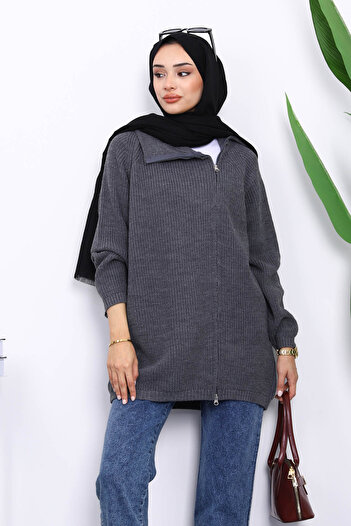 İmajButik Smoked Thessaloniki Braided Zippered Knitwear Cardigan