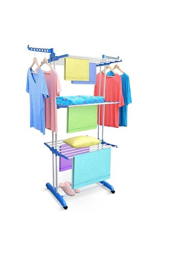 Generic Sky Touch Carbon Steel Full Size Heavy Duty Double Pole 3 Layer Cloth Drying Stand, Laundry Rack St