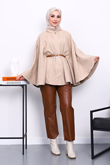 İmajButik Mink Hakim Collar Waist Belted Poncho