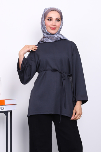 İmajButik Anthracite Tunic with Slit Waist Drawstrings on the Sides