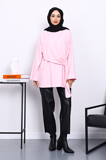 İmajButik Corded Fabric Tunic with Pink Side Shawl