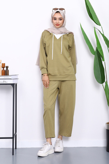 İmajButik Khaki Hooded Tunic Pants Set