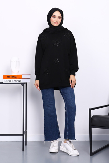 İmajButik Black Crew Neck Stone Modal Sweatshirt
