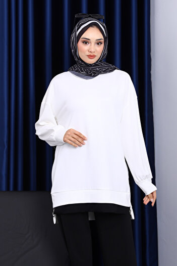 İmajButik Ecru Crew Neck Side Zipper Tunic