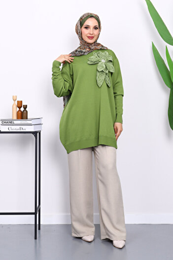 İmajButik Green Cold Yarn Floral Detailed Knitwear Tunic