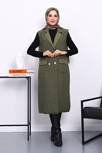İmajButik Khaki Buttoned Long Boucle Vest