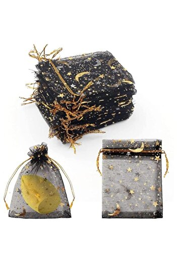 Generic Khazna Jewelry Candy Bags, 100 Pieces Sheer Black Favor Bags Gift Pouch With Gold Line Drawstring,