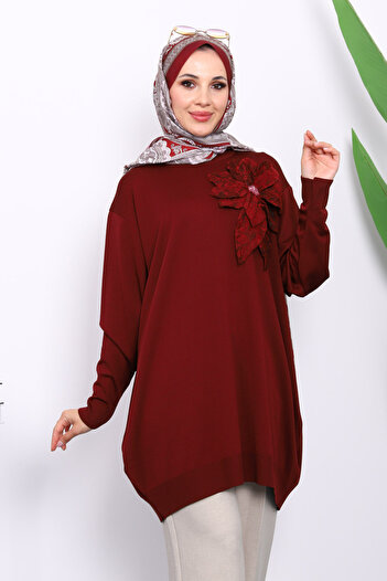 İmajButik Burgundy Cold Yarn Floral Detailed Knitwear Tunic