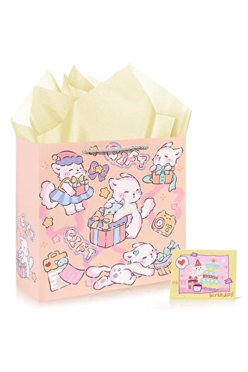 Generic Birthday Gift Bag with Tissue Paper and Greeting Card, Cute Cat Gift Bag with Handle, Large Gift Wr